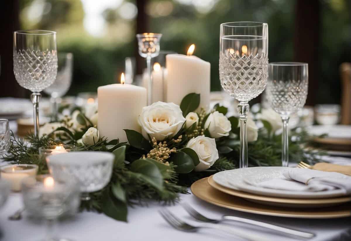 A beautifully decorated table with elegant wedding gift displays and decorative accents