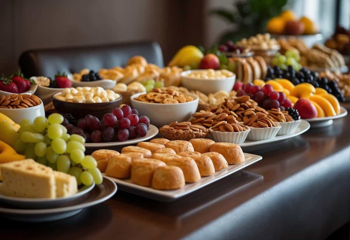 A beautifully decorated snack table with a variety of finger foods, fruits, cheese, and desserts arranged on elegant platters and stands