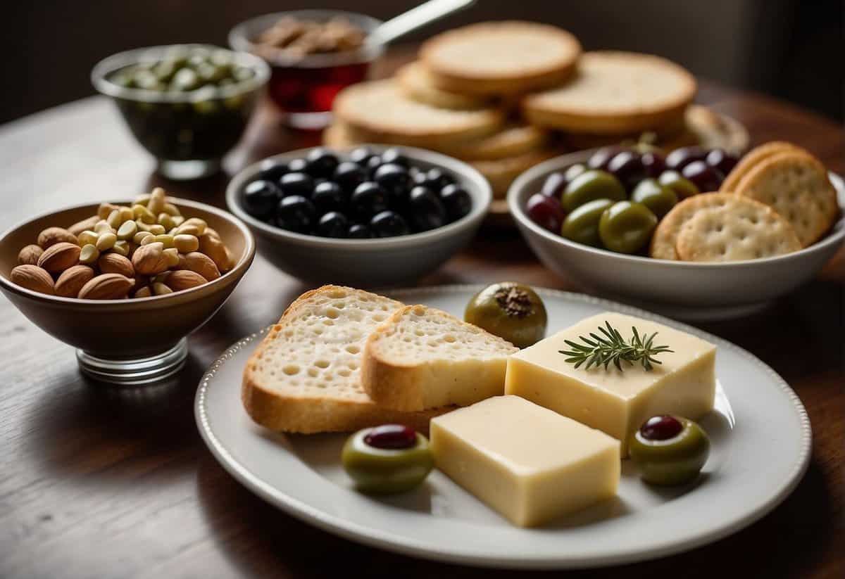 A variety of savory snacks arranged on a table, including cheese, crackers, nuts, and olives. Decorative plates and elegant serving utensils complete the display