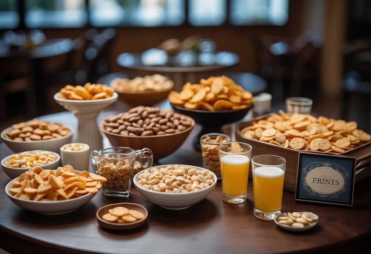 A table adorned with assorted snacks and drinks, with decorative signs and labels for guests to easily identify and choose their favorite treats
