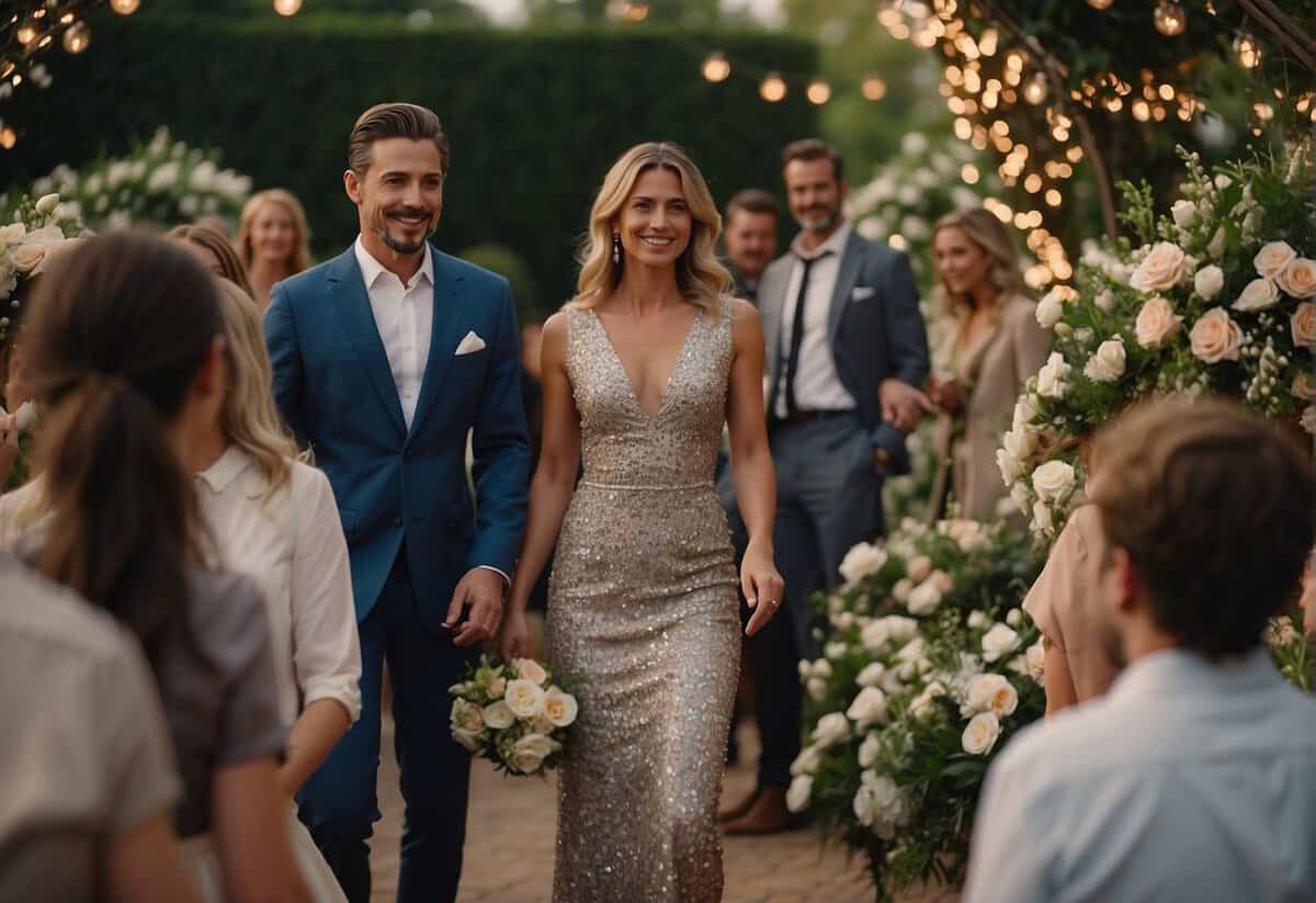 Guests in elegant attire mingle in a garden adorned with floral arrangements and twinkling lights. Men wear sharp suits, while women don stylish dresses and heels. A joyful atmosphere fills the air