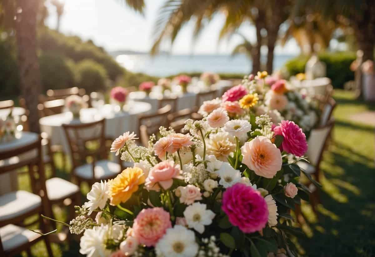 A sunny outdoor wedding with bright flowers, flowing fabric, and a picturesque backdrop of a beach or garden