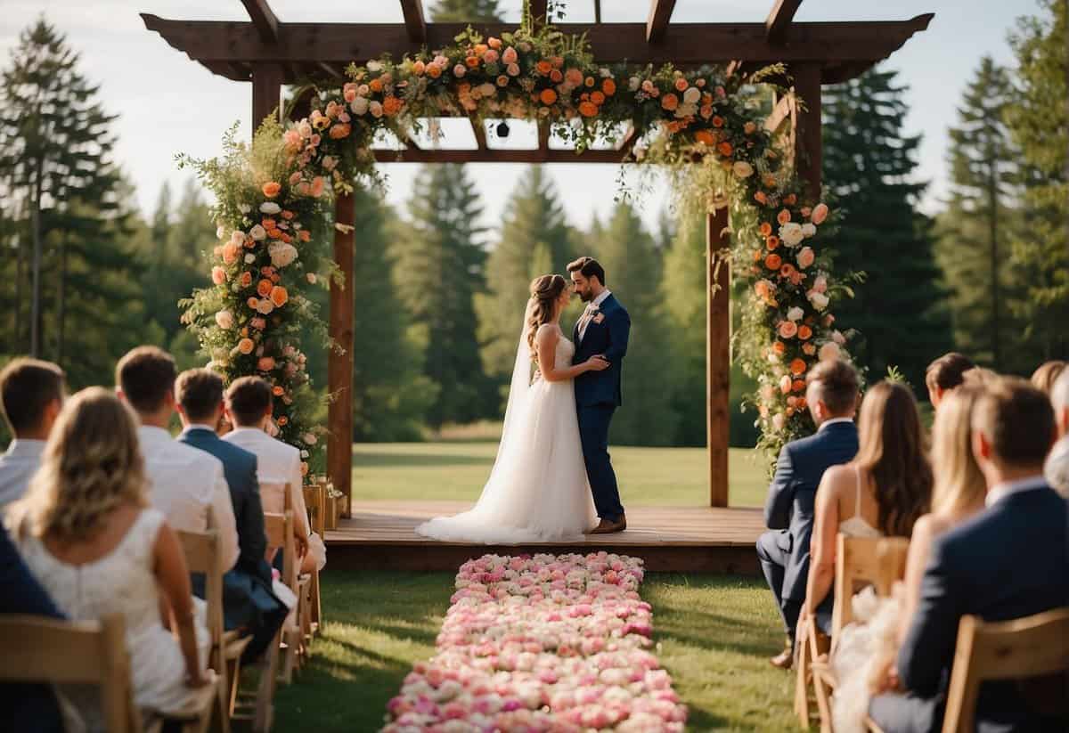 A vibrant outdoor wedding ceremony with a floral arch and flowing fabric, followed by a lively reception with string lights, a dance floor, and colorful summer-themed decorations