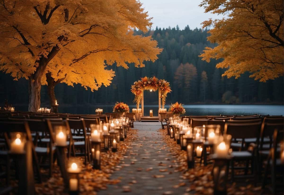 A cozy outdoor wedding setting with colorful autumn leaves, rustic decorations, and warm candlelight