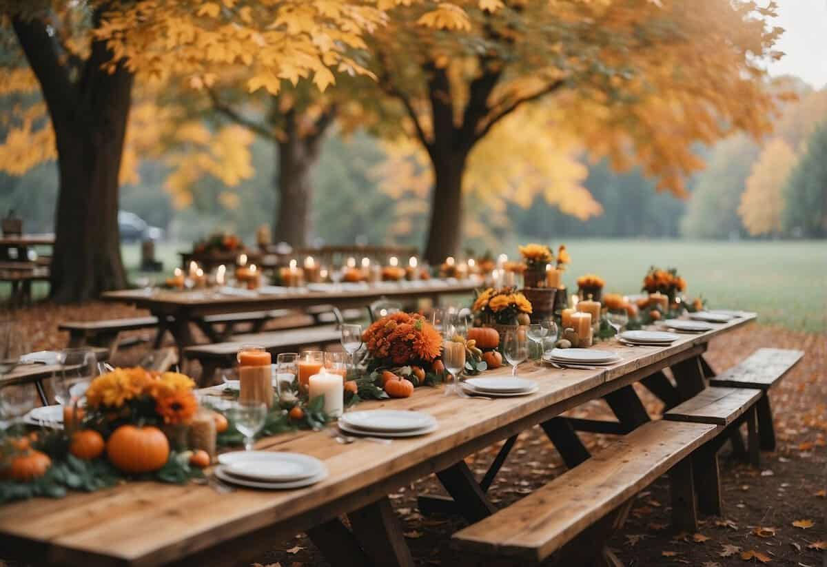 A rustic outdoor wedding reception with a table adorned in autumn-themed catering and favors, surrounded by colorful fall foliage