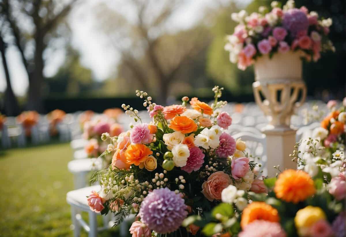 A colorful spring wedding ceremony with blooming flowers, a romantic outdoor setting, and a vibrant reception with elegant decor and a joyful atmosphere