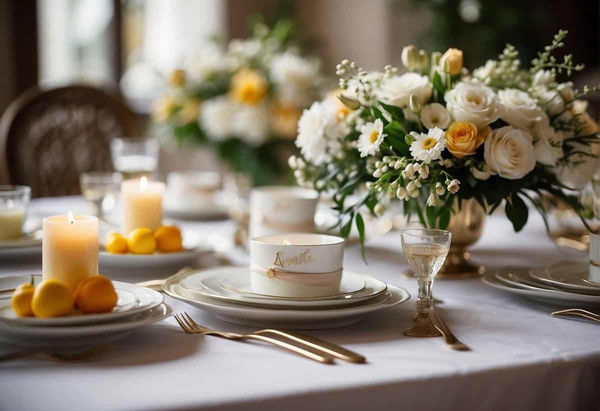 A table with spring wedding decor ideas, floral arrangements, and budgeting spreadsheets laid out for planning