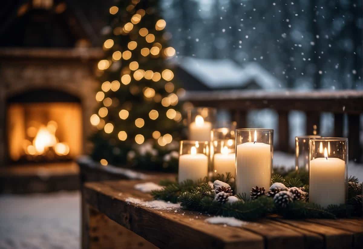 A cozy winter wedding with a snow-covered landscape, twinkling lights, and a warm, rustic atmosphere. A crackling fire, evergreen wreaths, and a touch of sparkle add to the enchanting ambiance