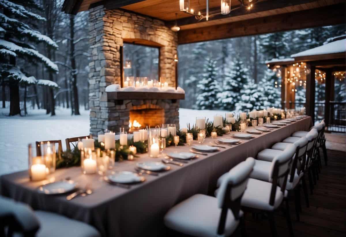 A snowy outdoor wedding venue with a cozy fireplace, elegant silver and white decor, and a dessert table filled with winter-themed treats and favors