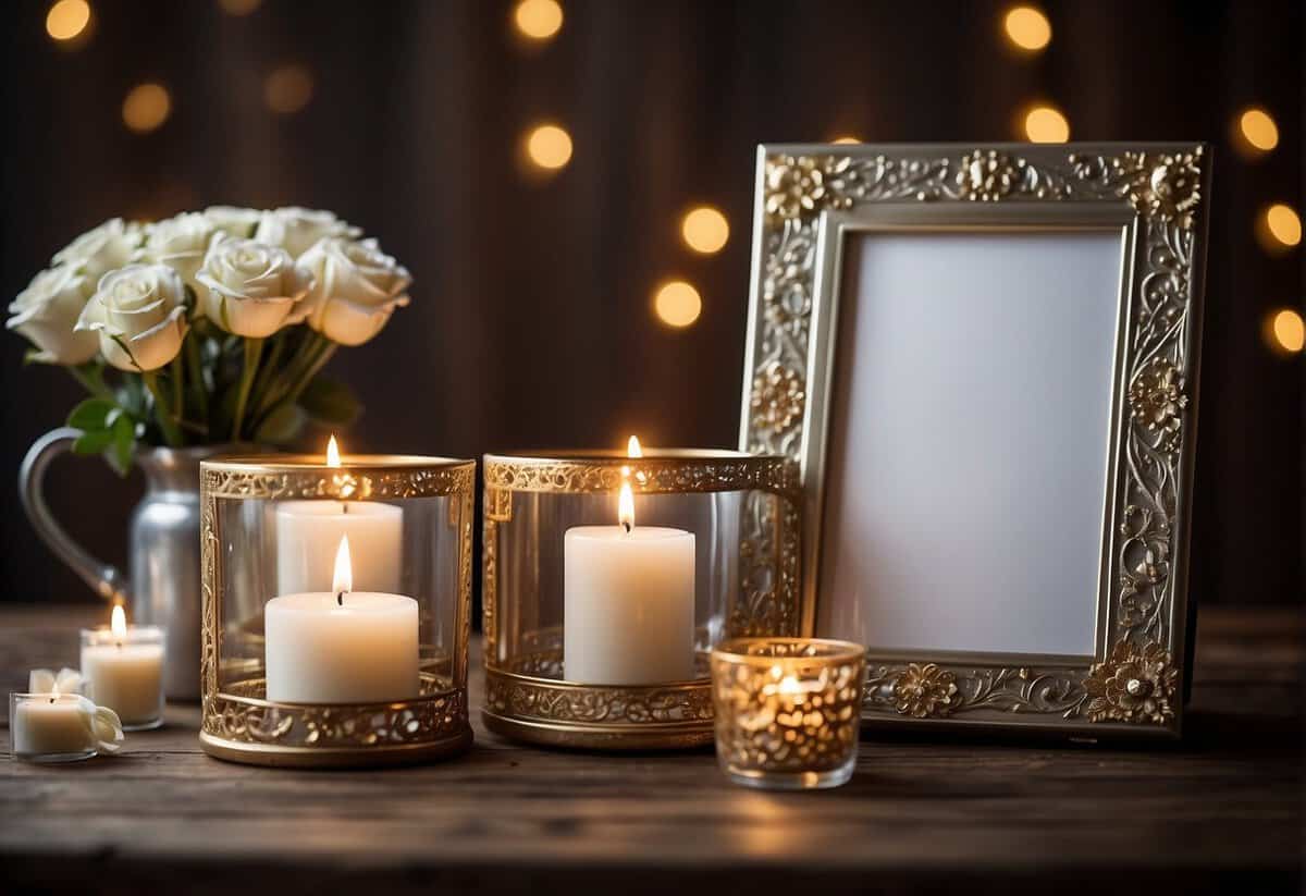 A table with various wedding photo frames: rustic wood, elegant silver, and vintage gold, surrounded by delicate flowers and soft candlelight