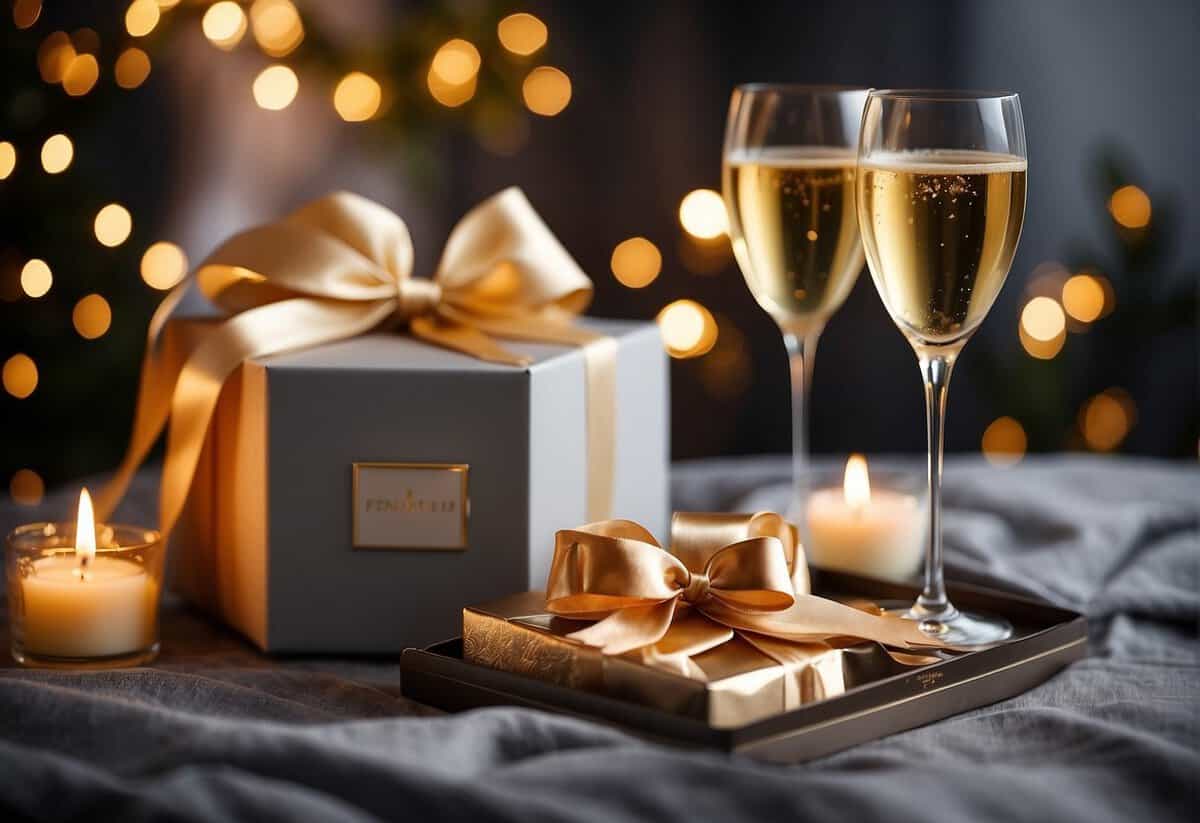A beautifully wrapped gift box, filled with elegant champagne glasses, a personalized photo frame, and a luxurious scented candle
