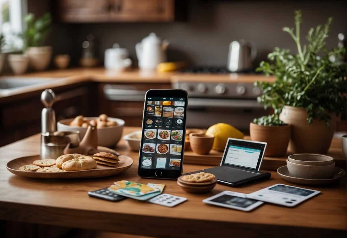 A table filled with kitchen gadgets, home decor, and gift cards. A couple happily scanning items with a smartphone app