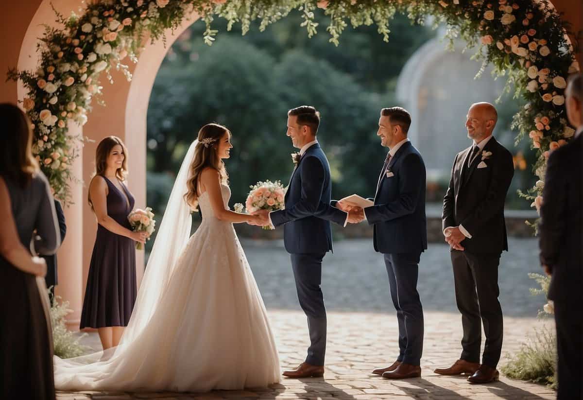 A couple exchanging vows under a beautiful archway, surrounded by friends and family. A gift box filled with experience vouchers sits on a nearby table