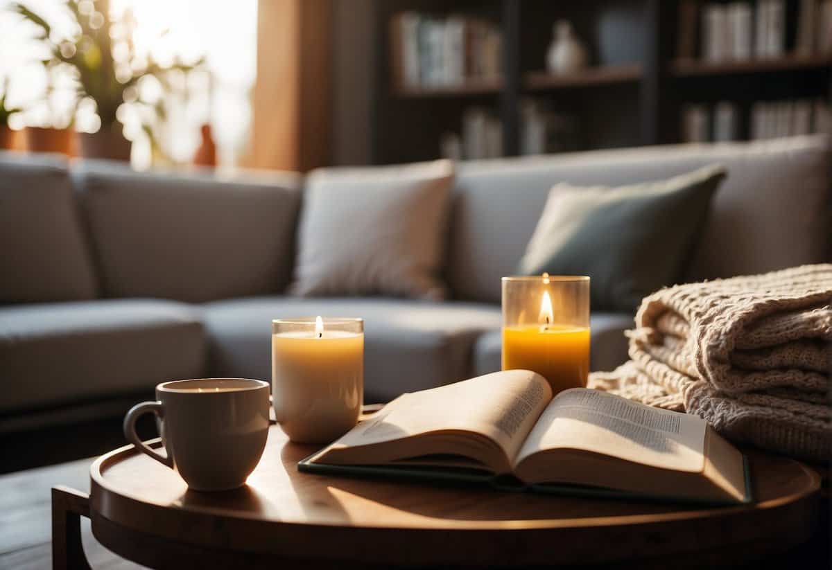 A cozy living room with soft blankets, scented candles, and a stack of romantic novels. A warm cup of tea sits on a side table next to a personalized photo album