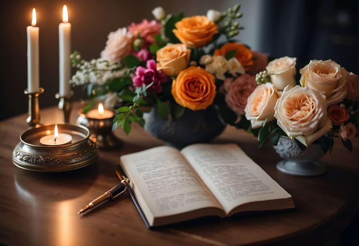 A table with a decorative pen and a guest book open to a blank page, surrounded by floral arrangements and candles
