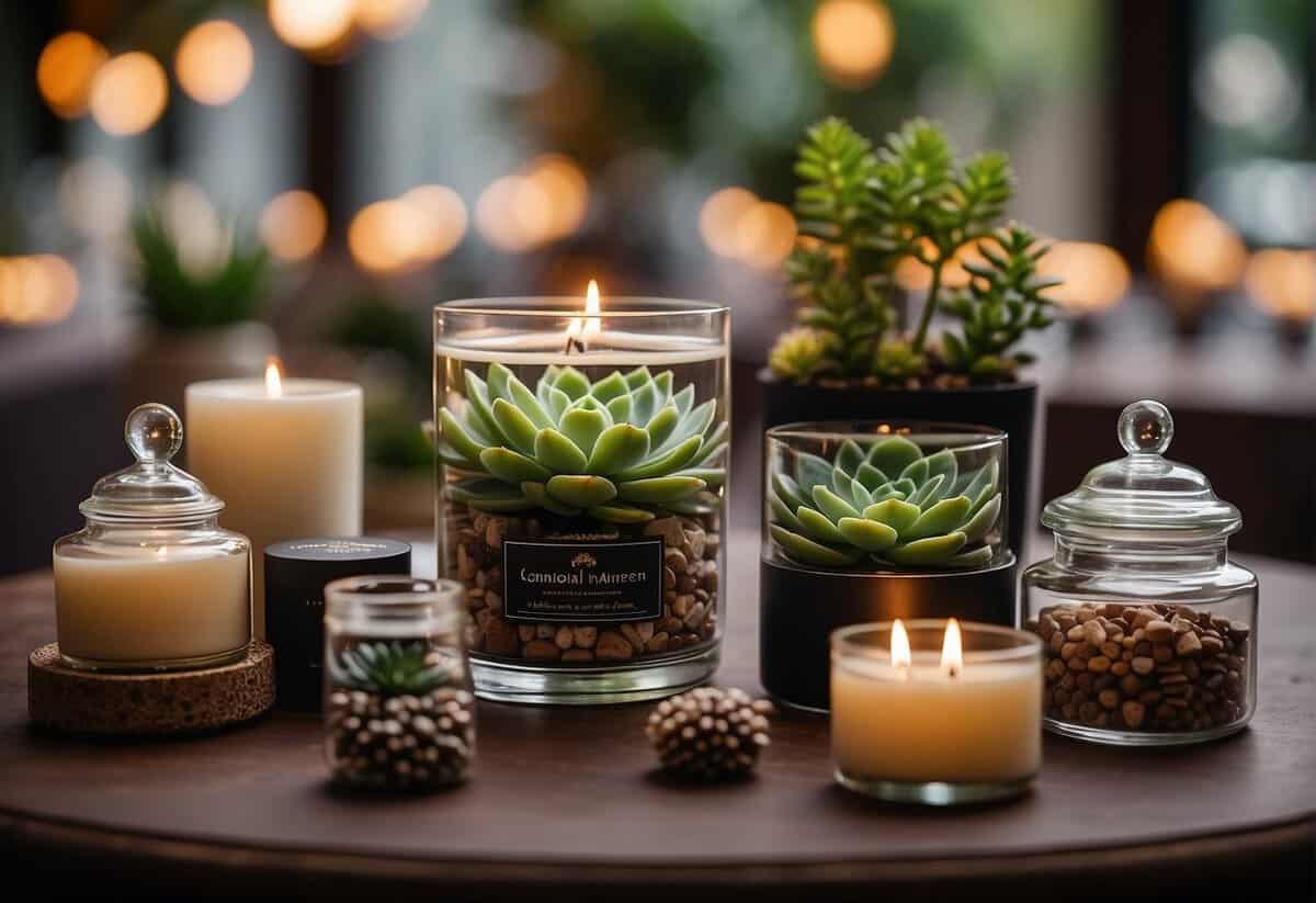 A table displays assorted small gifts for wedding guests: mini succulents, personalized candles, and artisanal chocolates