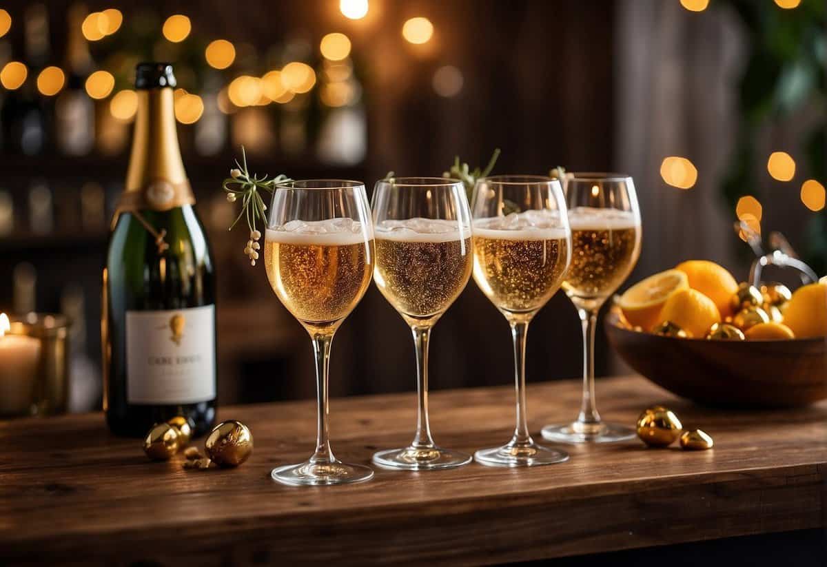 A table adorned with mini champagne bottles, personalized wine glasses, and cocktail recipe cards. A backdrop of a rustic bar and twinkling string lights sets the scene