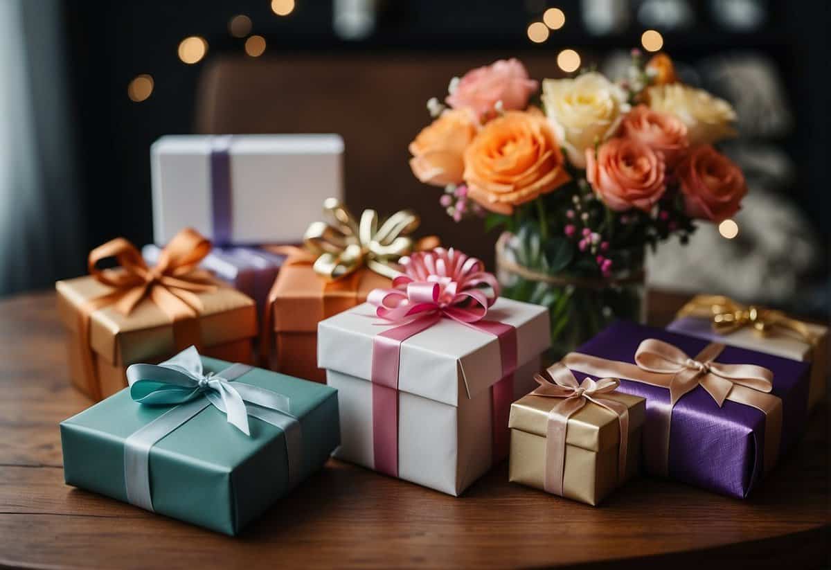 Colorful gift boxes arranged on a table with ribbons and flowers, personalized robes and jewelry, and handwritten notes