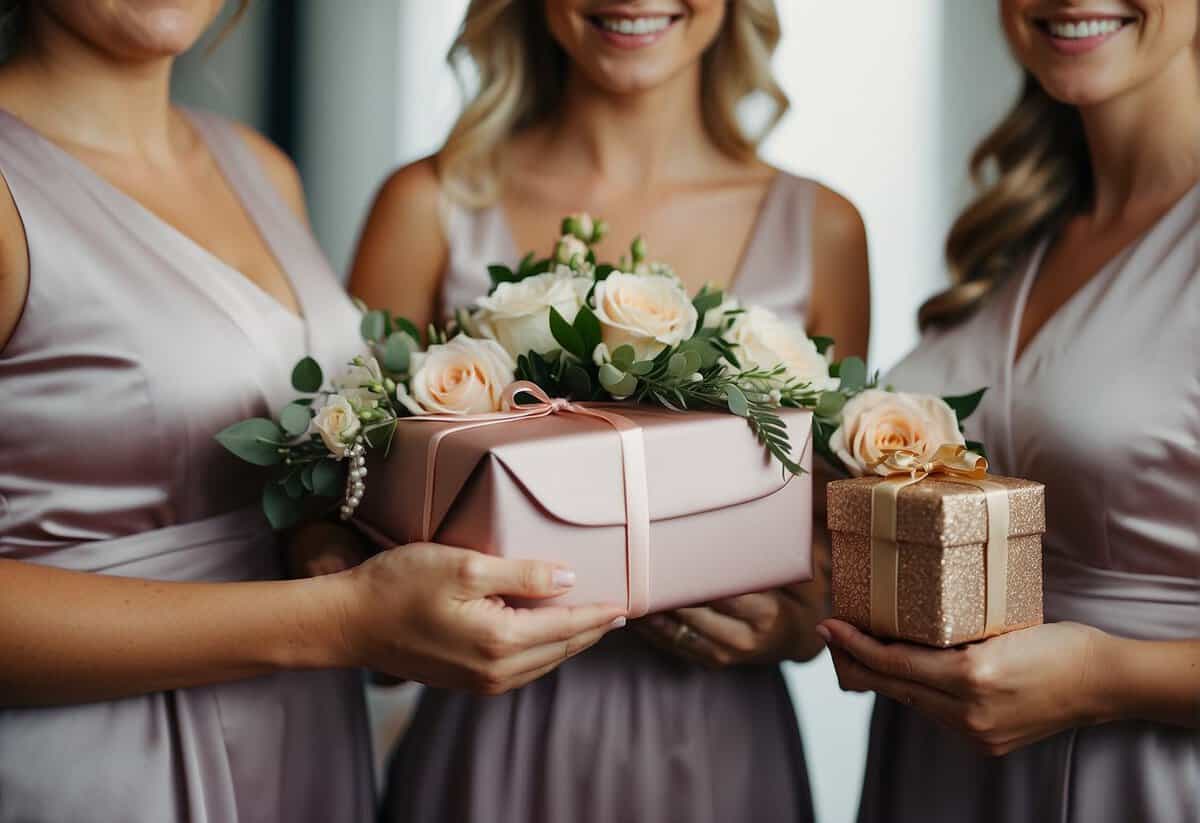 Bridesmaids receiving personalized gifts, such as jewelry or robes, from the bride on the morning of the wedding