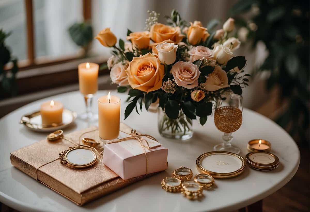A table adorned with personalized jewelry, scented candles, and handwritten notes. A bouquet of flowers and a bottle of champagne complete the thoughtful gifts for bridesmaids on the wedding day