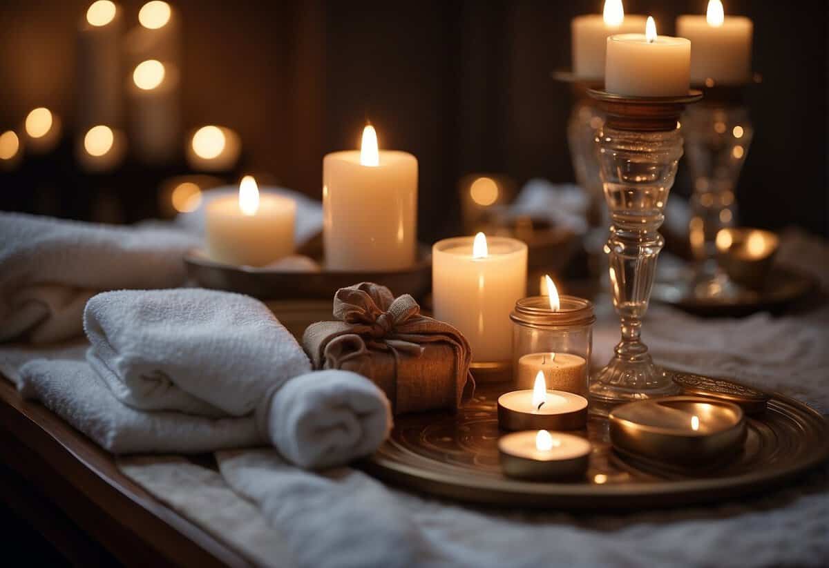 A table adorned with spa products, candles, and luxurious robes. A serene atmosphere with soft lighting and relaxing music
