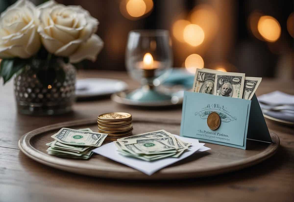 A table with a decorative money box, envelopes, and a card for wedding money gifts