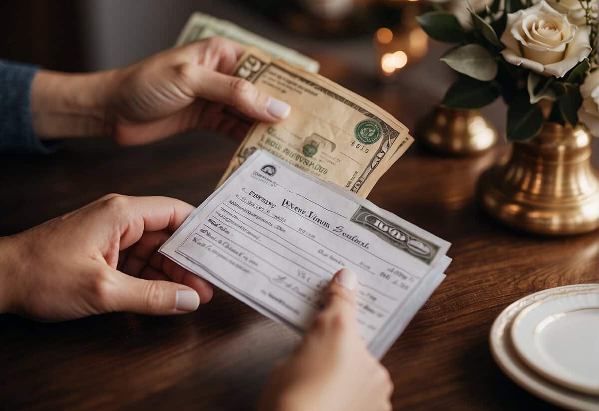 A hand placing cash into a decorative envelope labeled "Wedding Fund" alongside a registry list with big-ticket items highlighted