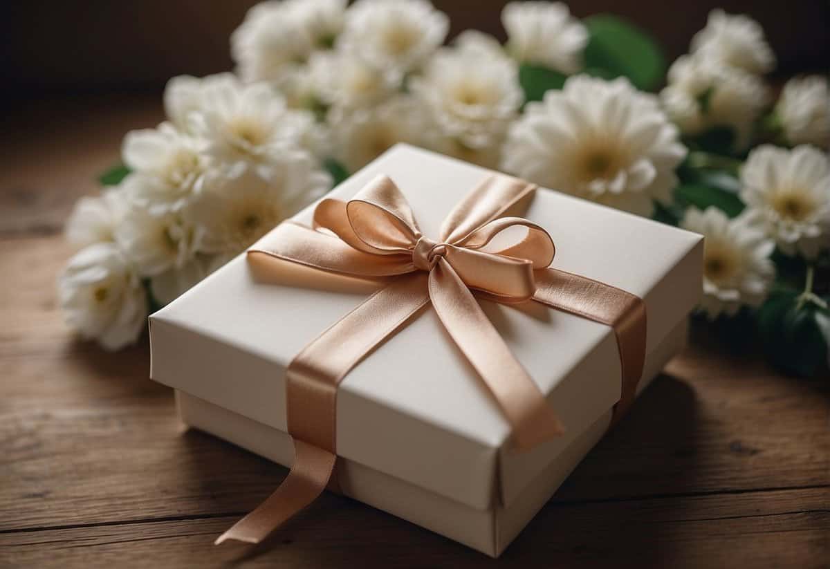 A beautifully wrapped gift box with a ribbon and a card, surrounded by delicate flowers and elegant wedding decor