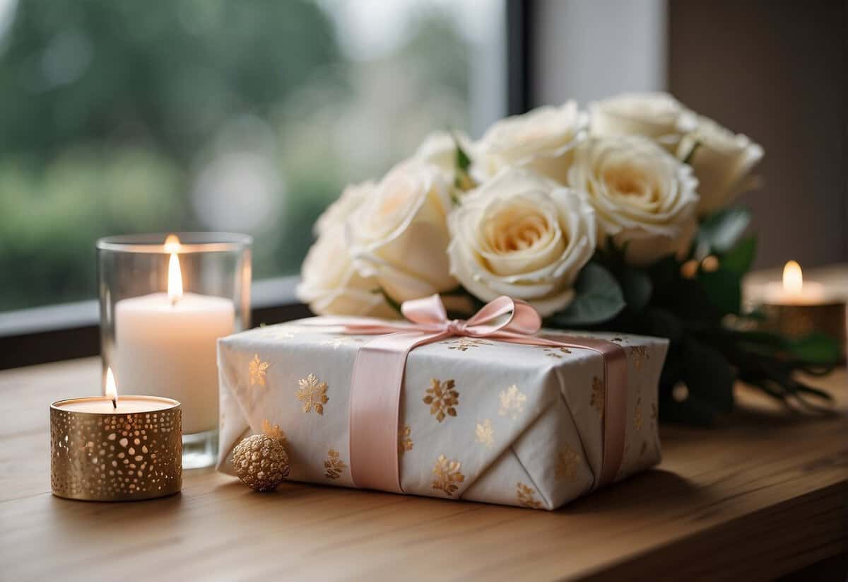 A beautifully wrapped stack of home and lifestyle gifts arranged on a table, with a bridal bouquet and wedding decor in the background