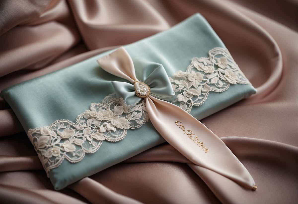 A delicate lace garter, a sparkling hair comb, and a personalized handkerchief laid out on a soft, satin pillow
