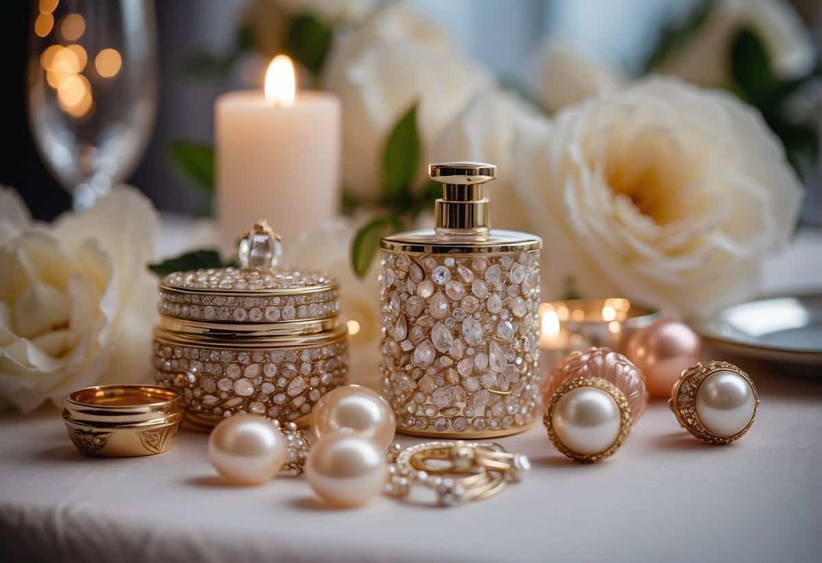 A table with a variety of elegant gift options for a bride on her wedding day, including jewelry, perfume, and personalized keepsakes