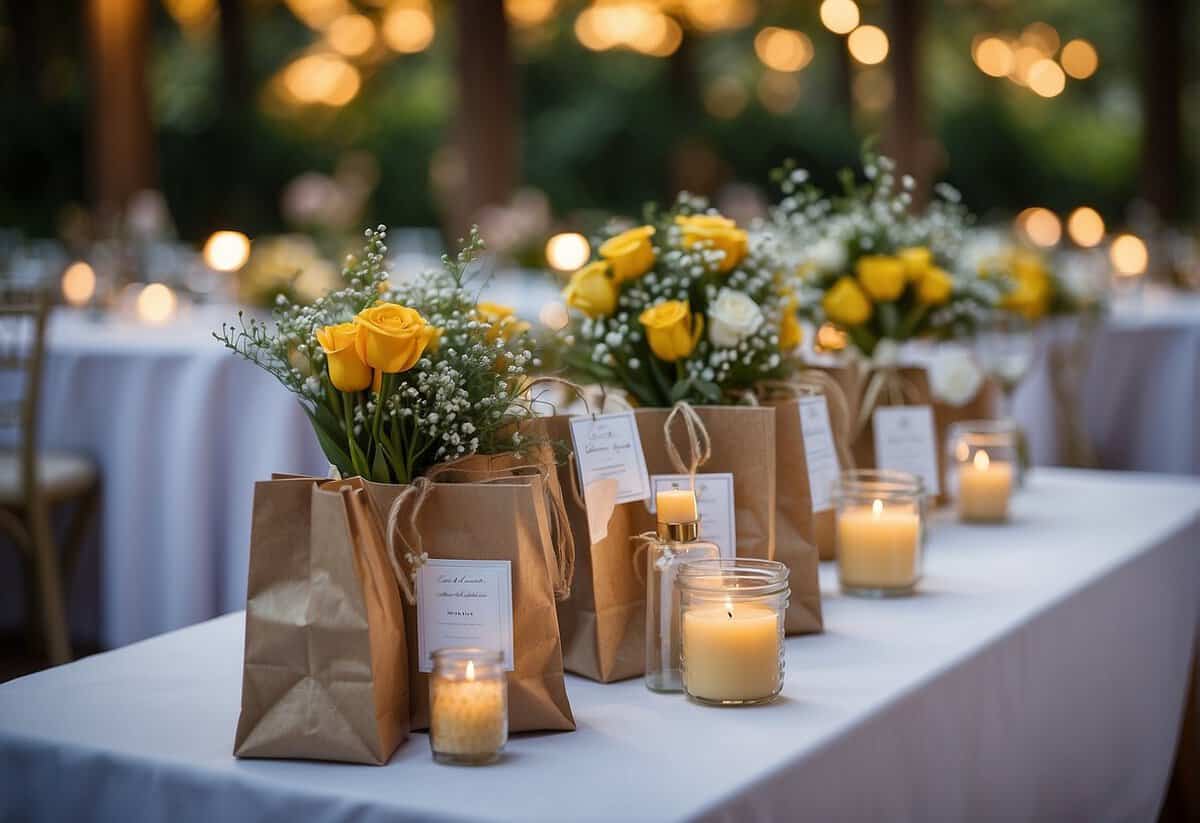 A table displays welcome bags with personalized items for wedding guests