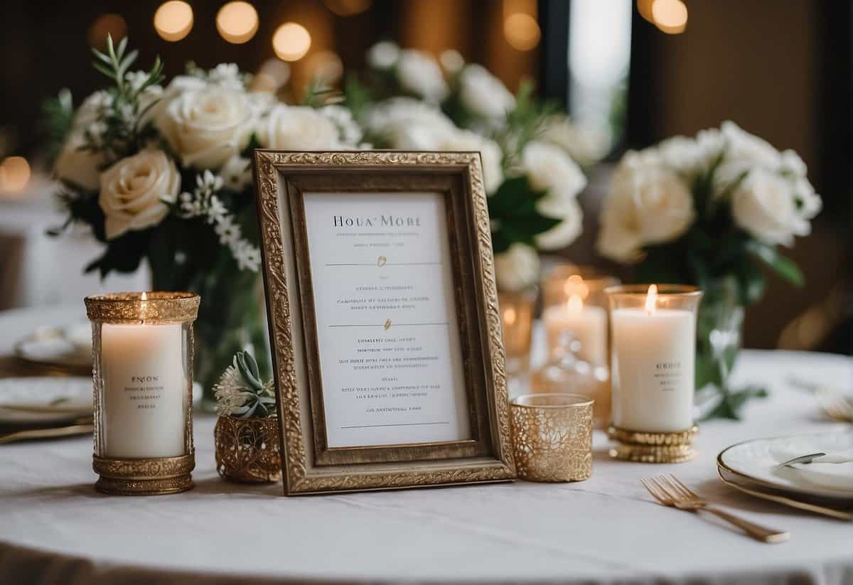 A table displays wedding itinerary, event details, and welcome bag ideas