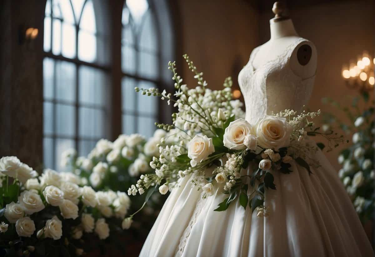 A flowing white gown with intricate lace details hangs on a vintage dress form surrounded by delicate floral arrangements and soft lighting