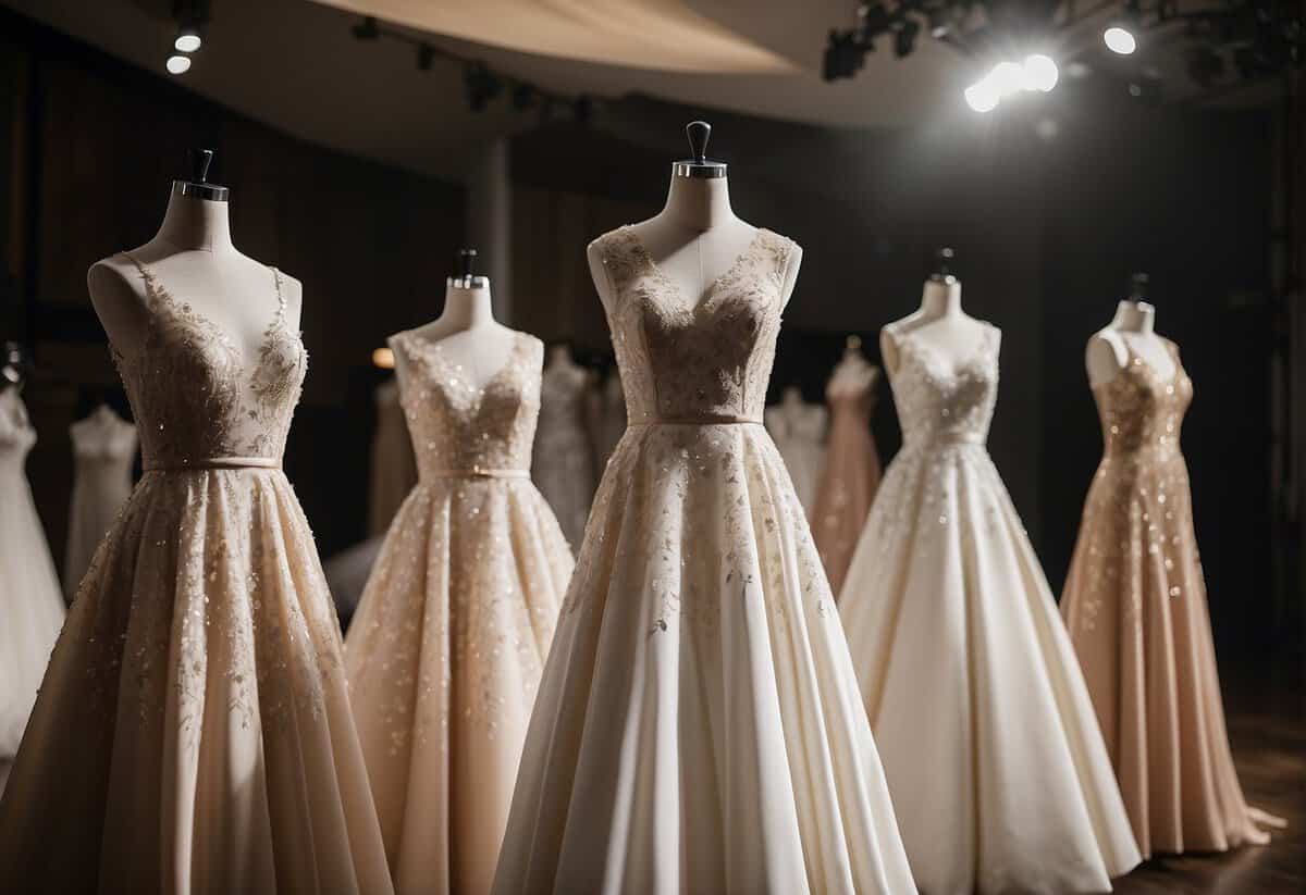 Top designers' logos and elegant second wedding dress styles displayed on a runway with brand names and fabric details