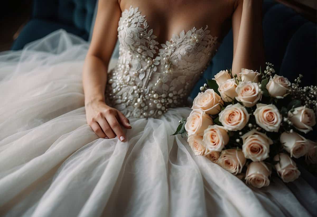 A flowing white gown with delicate lace details, paired with a sparkling tiara and dainty pearl earrings. A bouquet of pastel roses adds a touch of romance