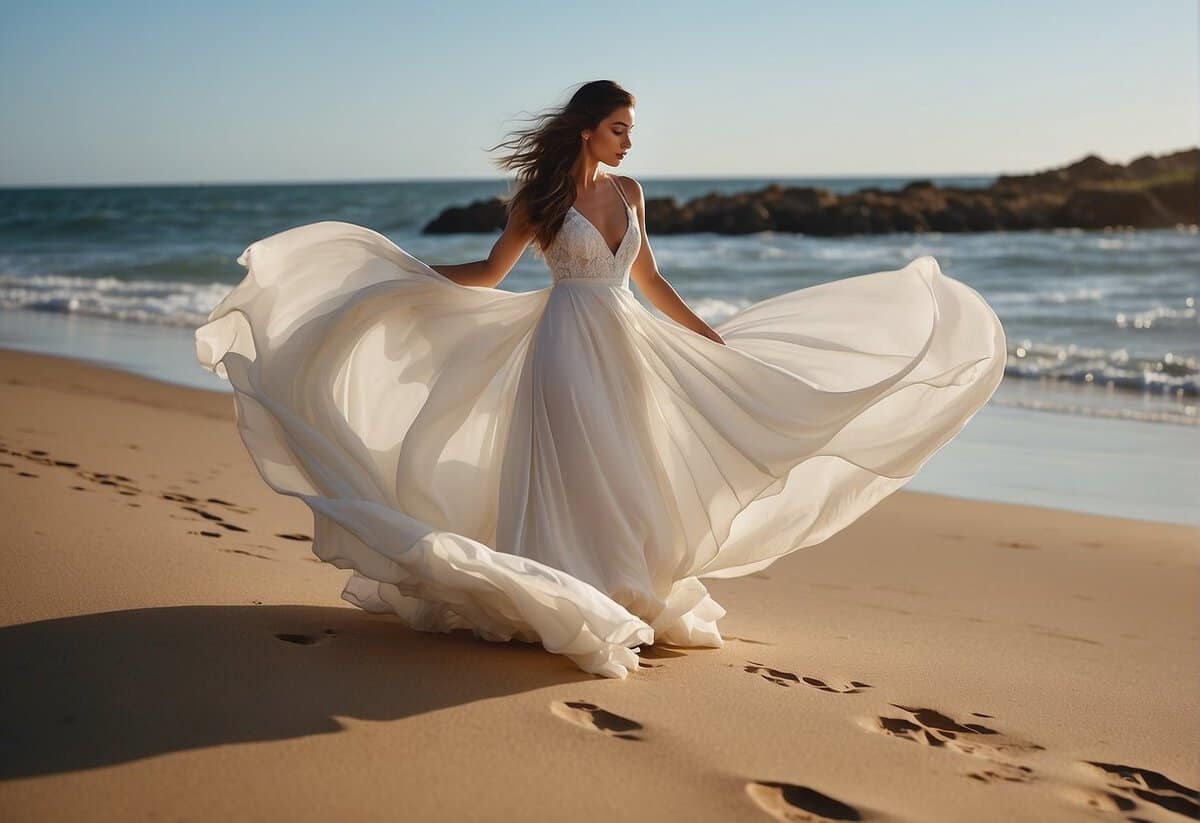 A flowing white gown on a sandy beach, with a gentle breeze lifting the fabric and the sound of waves in the background