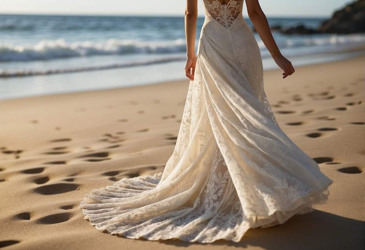 A breezy beach setting with flowing fabric, seashells, and sand. A bride's dress flutters in the wind, adorned with delicate lace and intricate details