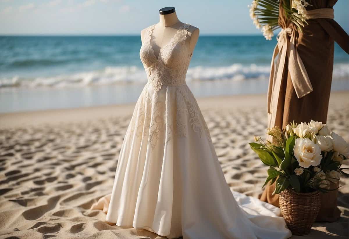 A beach wedding dress displayed on a mannequin with flowing fabric, lace details, and a bohemian vibe. Surrounding the mannequin are tropical flowers, seashells, and a backdrop of a sandy beach and ocean waves