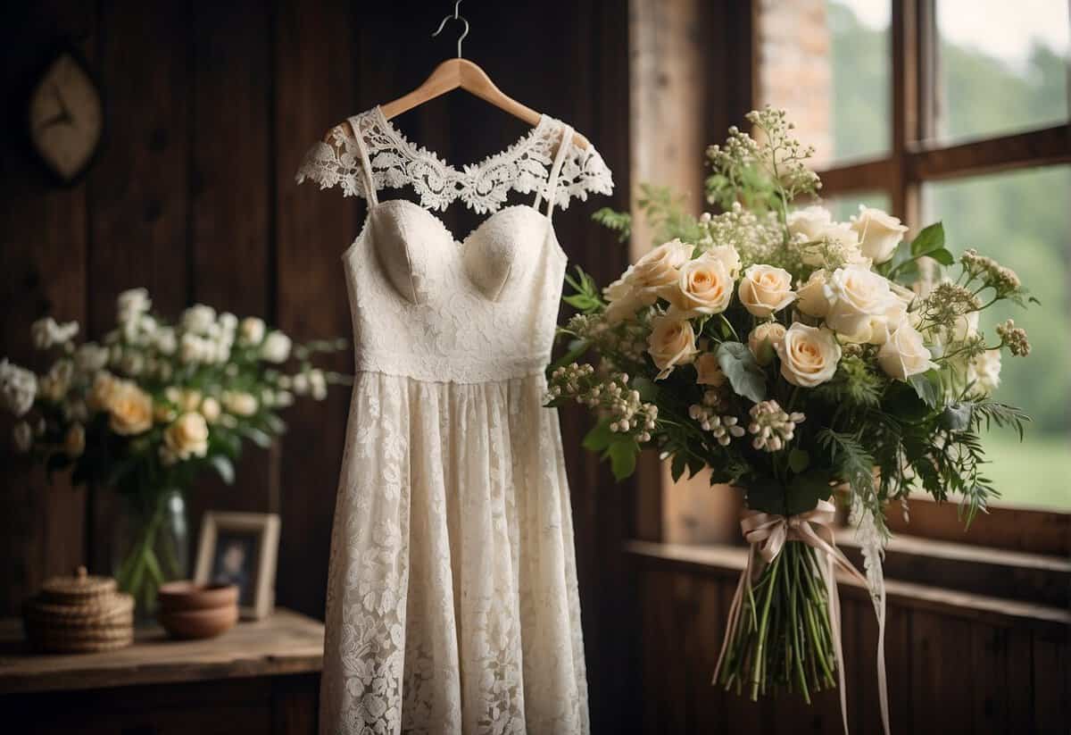A white lace dress hangs on a rustic wooden hanger, surrounded by delicate floral bouquets and vintage accessories