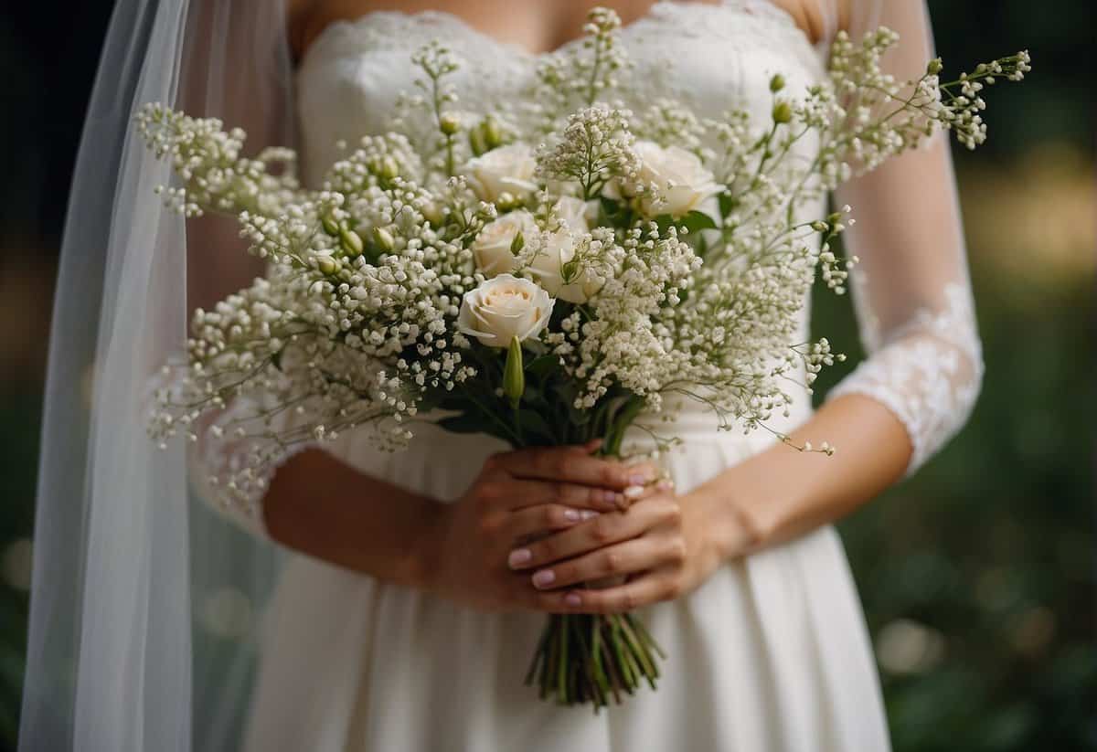 A bride in a simple, elegant civil wedding dress accessorizes with a delicate lace veil, pearl drop earrings, and a small bouquet of wildflowers