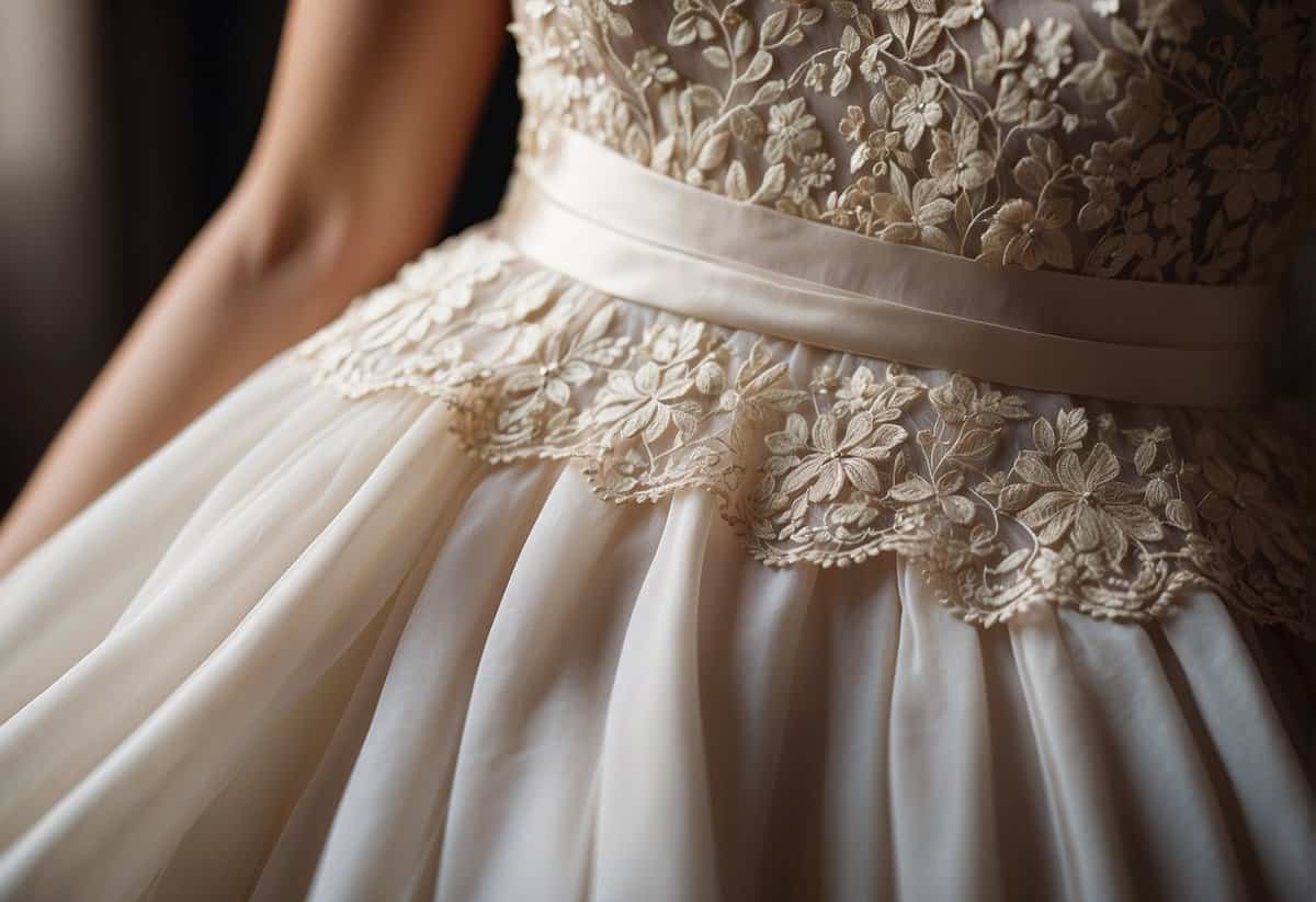 A close-up of a lace bodice with delicate floral embroidery, paired with a flowing chiffon skirt and a satin sash for a sophisticated civil wedding dress