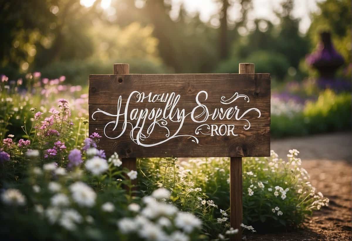 A rustic wooden sign with calligraphy "Happily Ever After" surrounded by flowers and greenery