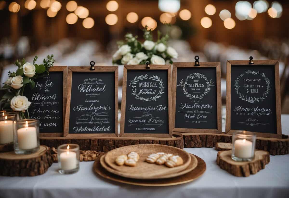 A table displays various wedding sign styles: rustic chalkboards, elegant calligraphy, and modern acrylic