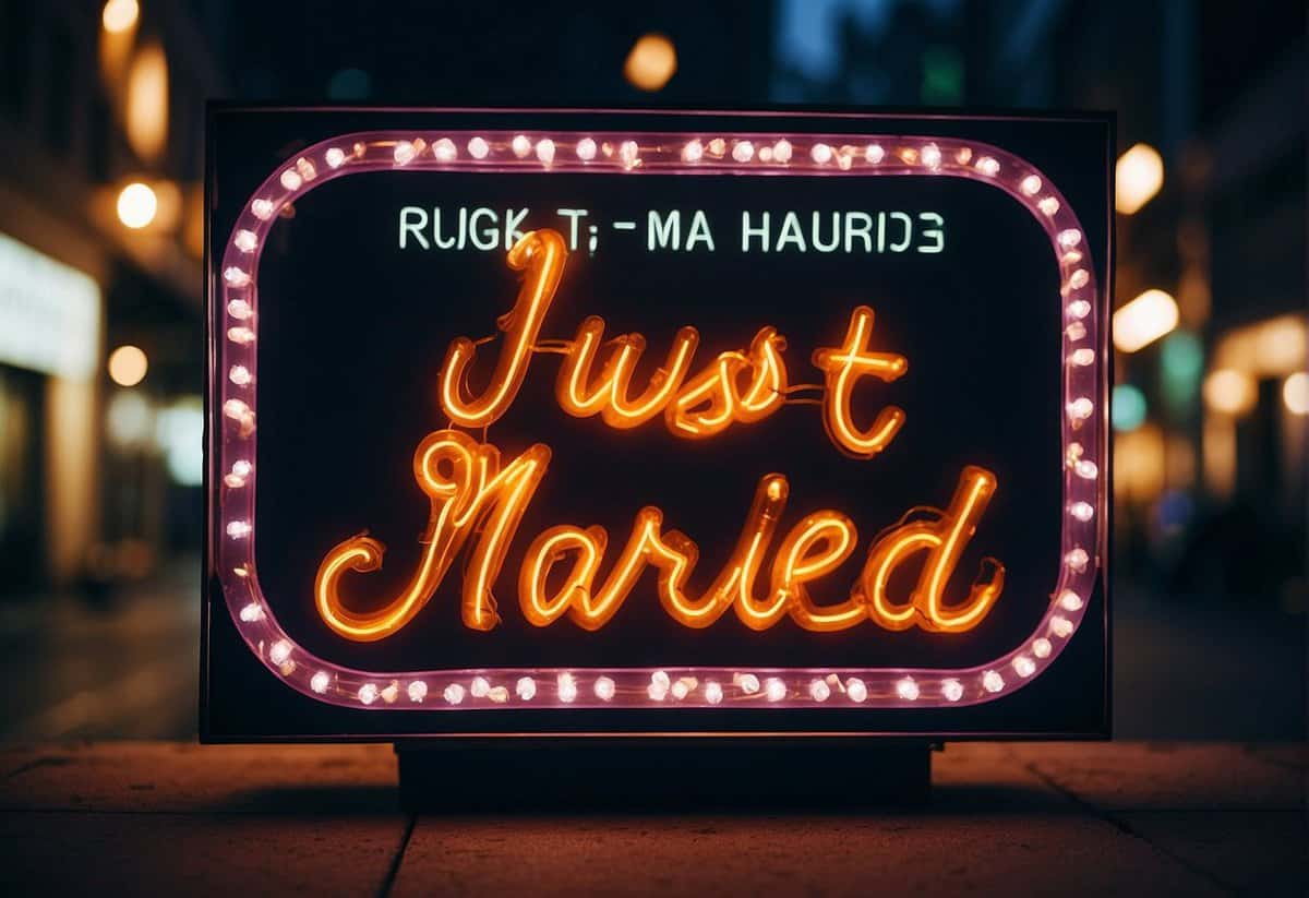 A glowing neon sign with "Just Married" in cursive script, surrounded by twinkling lights and floral accents