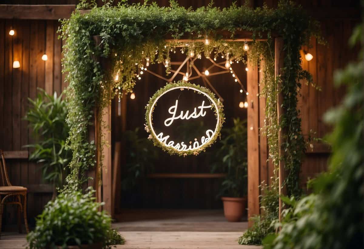 A neon sign with the words "Just Married" hangs above a rustic wooden arch at the entrance to a wedding venue, surrounded by twinkling fairy lights and lush greenery