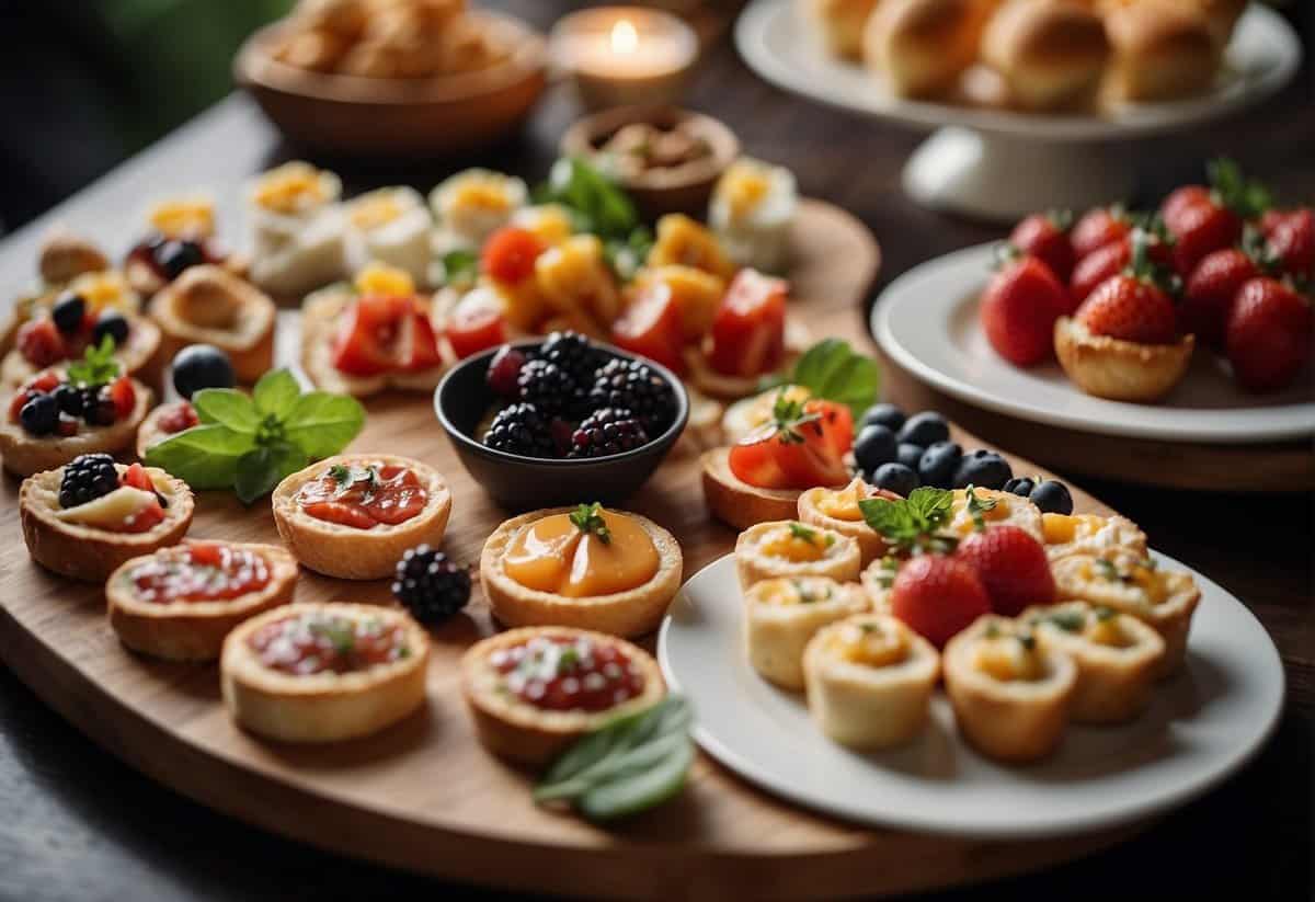 A beautifully decorated table with a variety of elegant appetizers, including mini quiches, bruschetta, cheese and charcuterie, fresh fruit, and assorted dips and spreads
