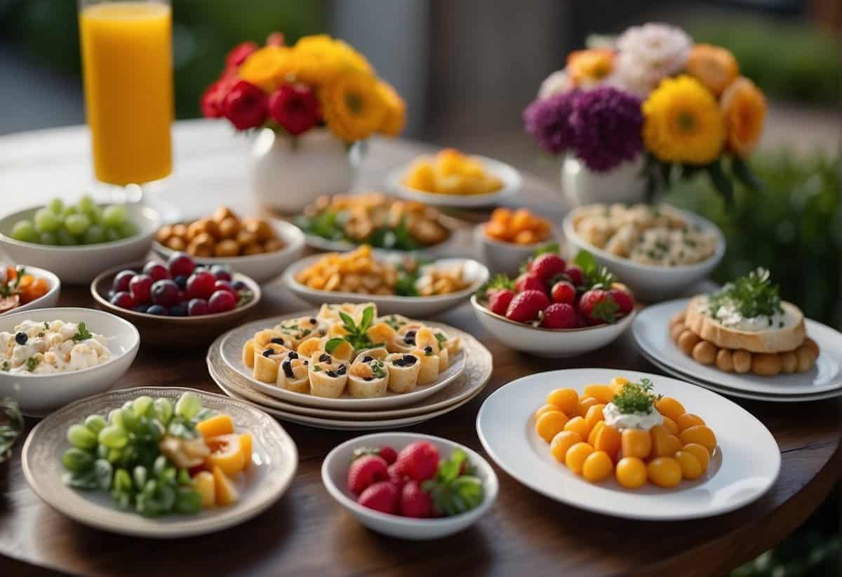 A beautifully arranged appetizer table with a variety of colorful and elegant dishes, adorned with fresh flowers and decorative serving platters