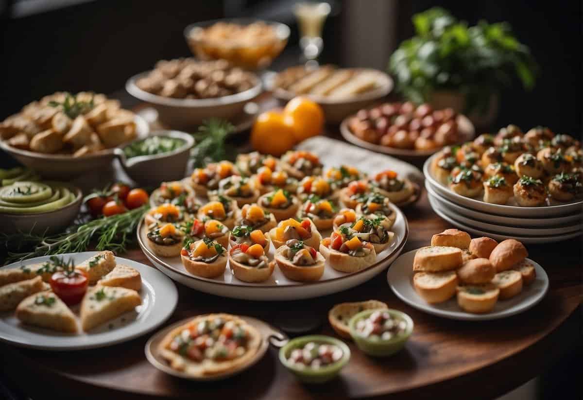 A beautifully arranged table filled with an assortment of popular appetizers, including bruschetta, mini quiches, and stuffed mushrooms, all elegantly displayed on decorative platters and serving dishes