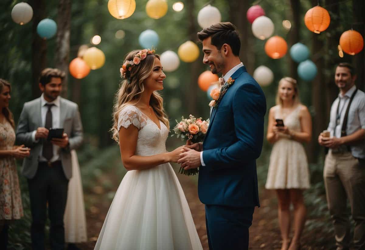 A couple exchanging vows in a forest clearing, surrounded by colorful lanterns and hanging flowers. A non-traditional ceremony with a bohemian vibe